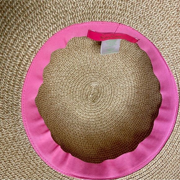 Lilly Pulitzer Sun Hat Wide Brim Floral Coquette Preppy Metallic Tan Pink Green - Picture 11 of 12